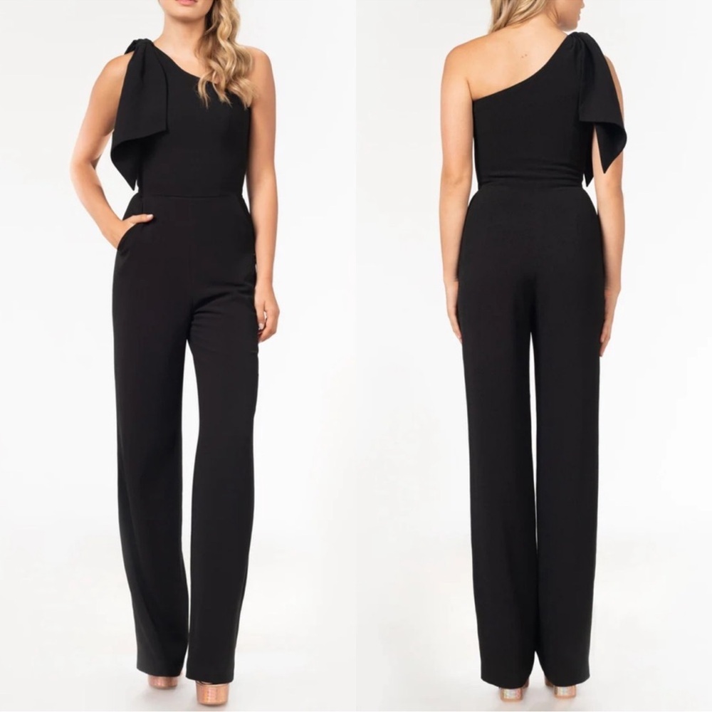 DRESS THE POPULATION Tiffany One-Shoulder Bow Tie Jumpsuit in Black Size XS